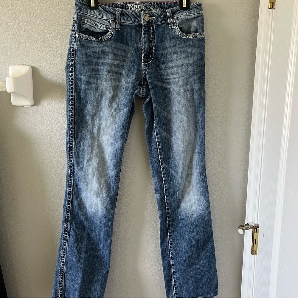 Rock 47 by Wrangler Low Rise Boot Cut Embroidered Pockets Med Wash Sz 7/8